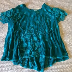 Johnny Was Teal Neneti Embroidered Top